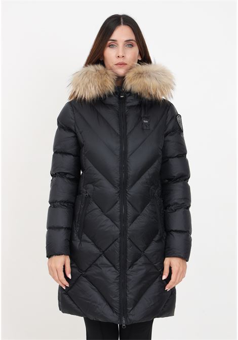 Black down jacket with hood and rhinestone logo for women BLAUER | Jackets | 23WBLDK03140-006047999TT