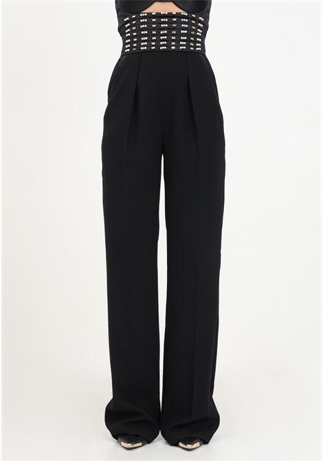 Black crepe trousers with black embroidered band for women ELISABETTA FRANCHI | Pants | PA02837E2110