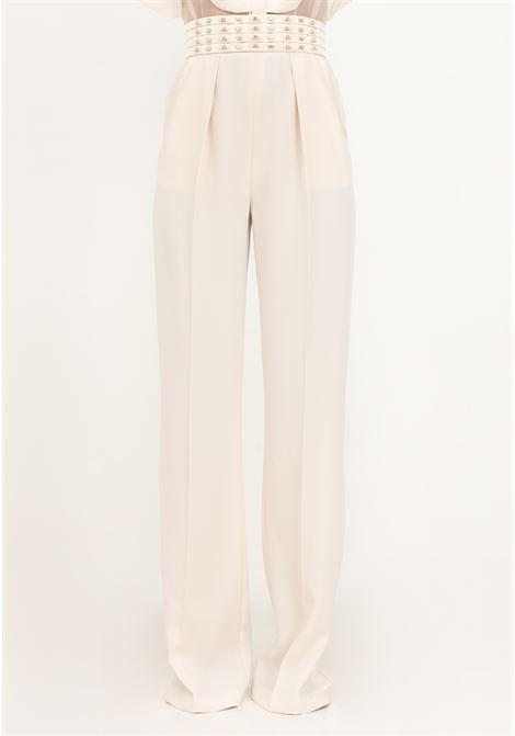 Pantalone in crêpe con fascione ricamato color burro da donna ELISABETTA FRANCHI | Pantaloni | PA02837E2193