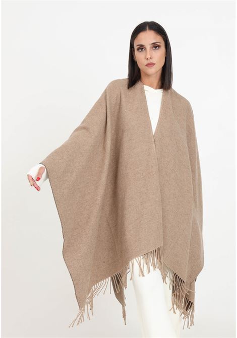 Hazelnut knitted poncho with fringes and logo for women HINNOMINATE | Capes | HNW1074NOCCIOLA