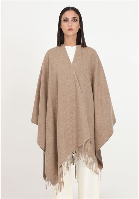 Hazelnut knitted poncho with fringes and logo for women HINNOMINATE | Capes | HNW1074NOCCIOLA