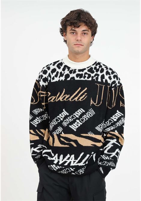 Black patterned wool blend sweater for men JUST CAVALLI | Knitwear | 75OAFM08CM29NQI5