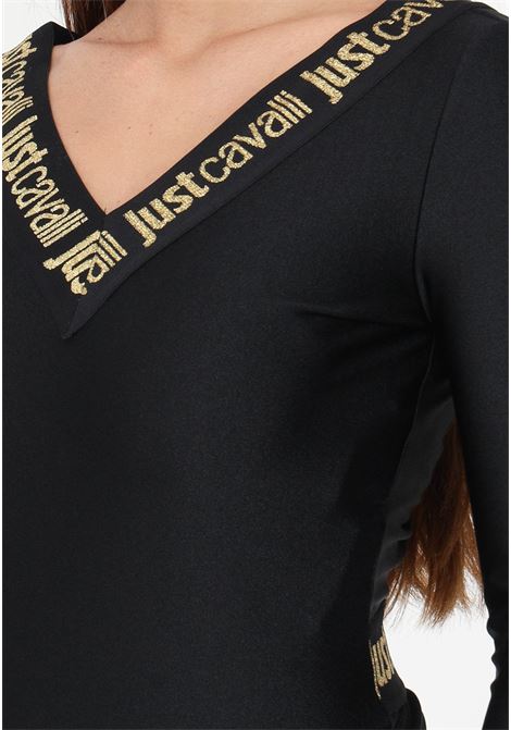Body nero a maniche lunghe con stampa logo da donna JUST CAVALLI | Body | 75PAM203N0008899