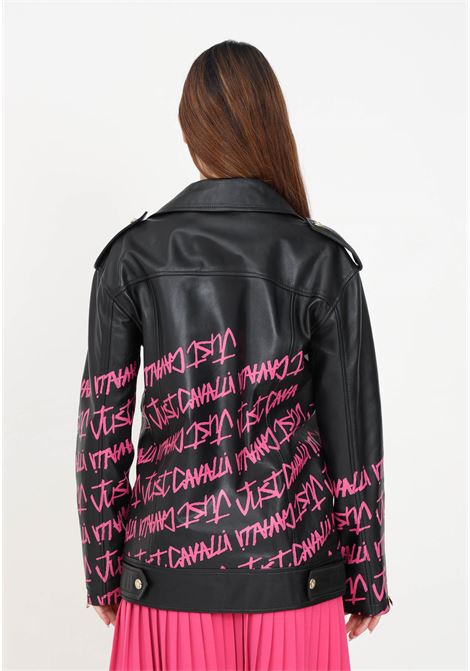 Black biker jacket with fuchsia writing in oversized leather for women JUST CAVALLI | Jackets | 75PAVP02CP009899