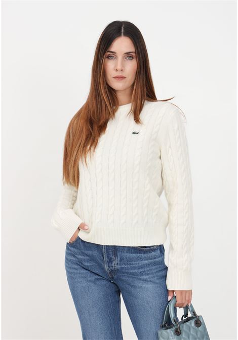 White wool/cotton blend cable-knit sweater for women LACOSTE | Knitwear | AF0633NYV
