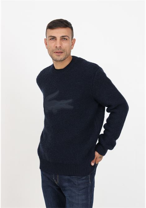 Blue embossed sweater with front logo for men LACOSTE | Knitwear | AH0813HDE