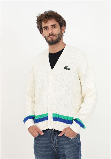 Beige cable knit cardigan with striped details for men LACOSTE | Cardigan | AH2114P4I