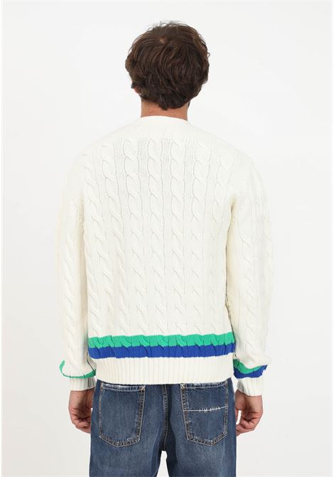 Beige cable knit cardigan with striped details for men LACOSTE | Cardigan | AH2114P4I