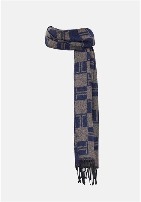 Gray and blue scarf with checked pattern and all-over logo for men and women LANVIN | Scarves | 54031