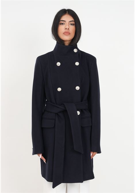 Navy blue coat tied at the waist with buttons for women LIU JO | Coat | MF3106T461293921