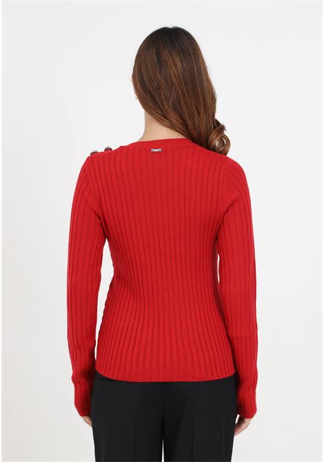 Maglione rosso a girocollo con bottoni gioiello da donna LIU JO | Maglieria | MF3222MA95M91757