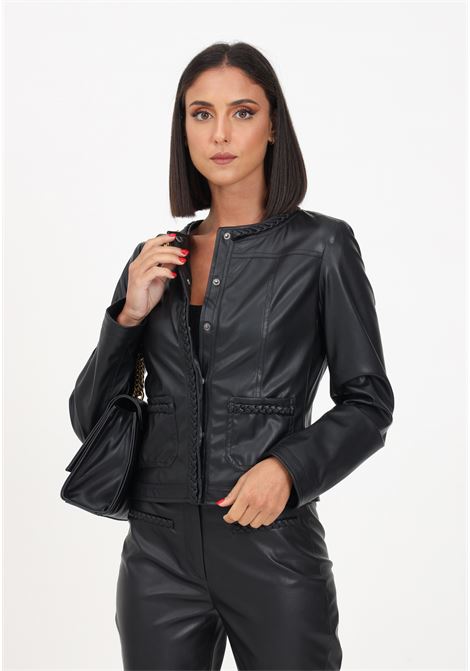 Women's black leather jacket with woven motif LIU JO | WF3040E039222222