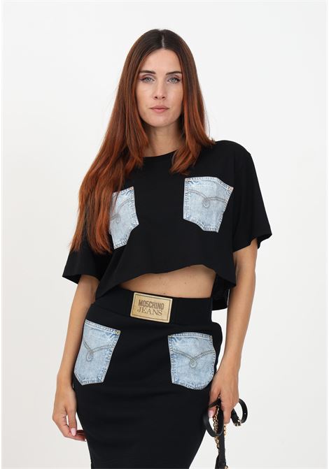 T-shirt crop nera da donna con stampa Moschino Jeans Label e tasche MO5CH1NO JEANS | T-shirt | A120587626555