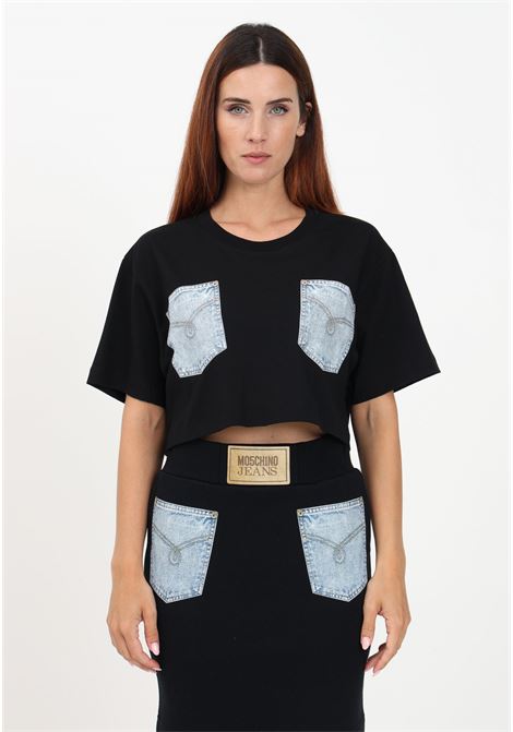 T-shirt crop nera da donna con stampa Moschino Jeans Label e tasche MO5CH1NO JEANS | T-shirt | A120587626555