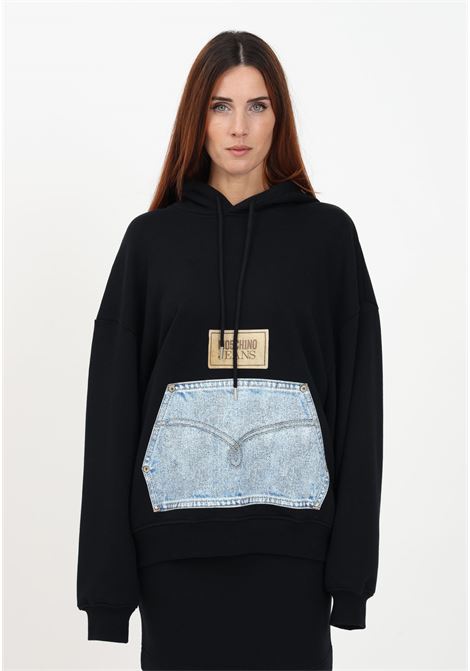 Women's black hooded sweatshirt with denim print pocket MO5CH1NO JEANS | Sweatshirt | A172287566555