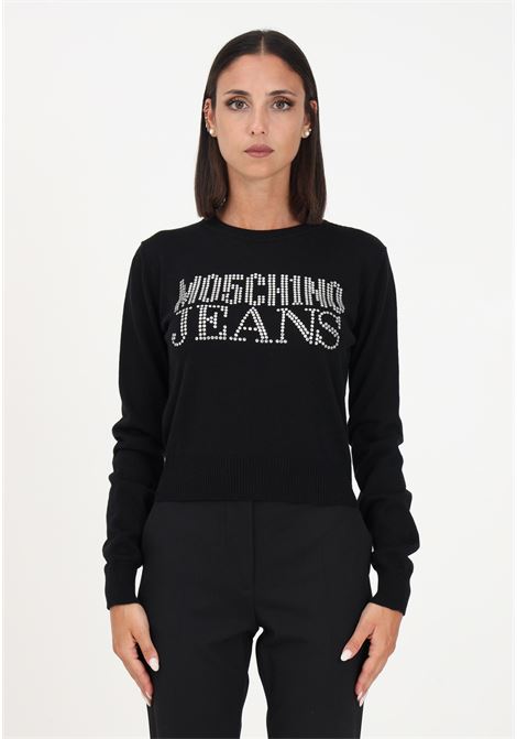 Black women's sweater with Moschino Jeans logo created with rhinestones MO5CH1NO JEANS | Knitwear | A090882070555
