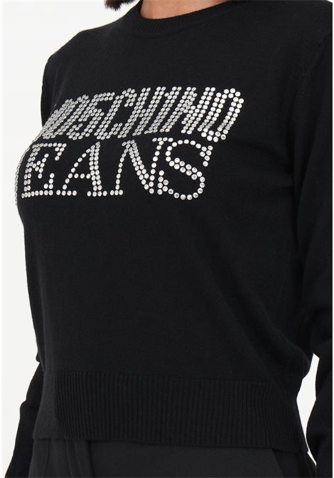 Black women's sweater with Moschino Jeans logo created with rhinestones MO5CH1NO JEANS | Knitwear | A090882070555