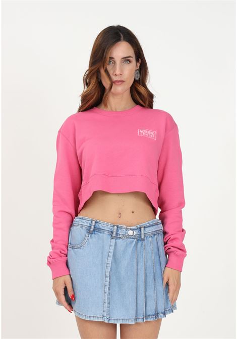 Women's pink crop sweatshirt with logo embroidery MO5CH1NO JEANS | A171482571208