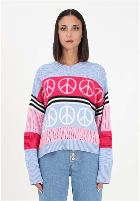 Light blue women's sweater with peace symbol inlay and contrasting stripes MO5CH1NO JEANS | Knitwear | J091382073277