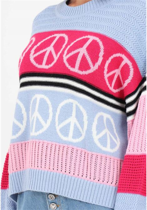 Light blue women's sweater with peace symbol inlay and contrasting stripes MO5CH1NO JEANS | Knitwear | J091382073277