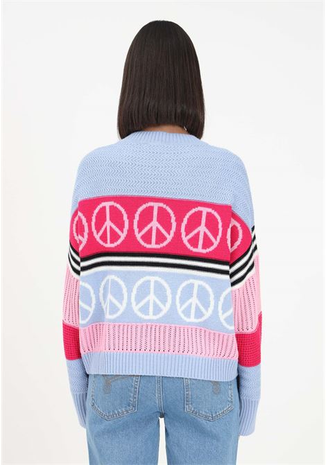 Light blue women's sweater with peace symbols inlay and contrasting stripes MO5CH1NO JEANS | Knitwear | J091382073277