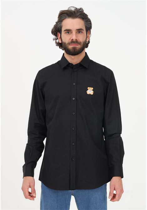 Camicia elegante nera da uomo con ricamo orsacchiotto MOSCHINO | Camicie | 02212035A1555