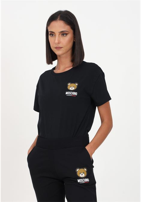 T-shirt nera da donna con logo e piccolo teddy MOSCHINO | T-shirt | A078944100555
