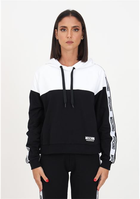 Black and white women's sweatshirt with hood and logoed bands MOSCHINO | Hoodie | A170344131001