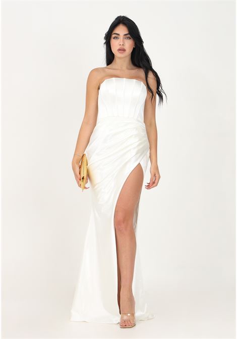 Long white women's dress in shiny satin NICOLETTA | Dresses | NP165IVORY