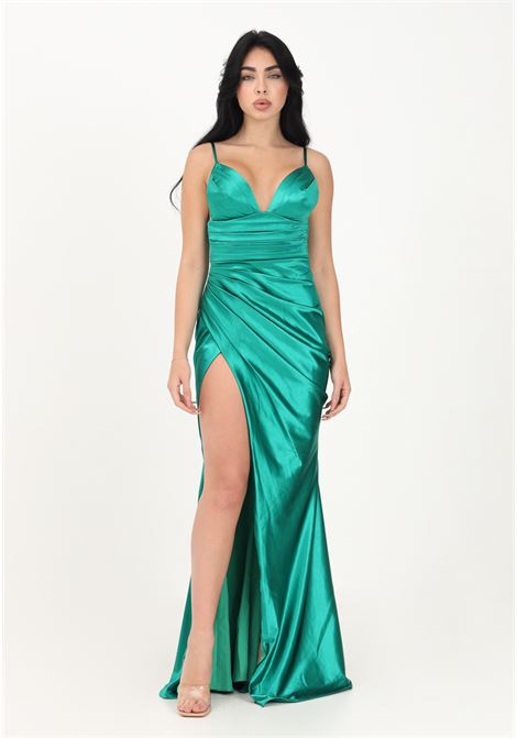 Long green women's dress in shiny satin NICOLETTA | Dresses | NP166GREEN