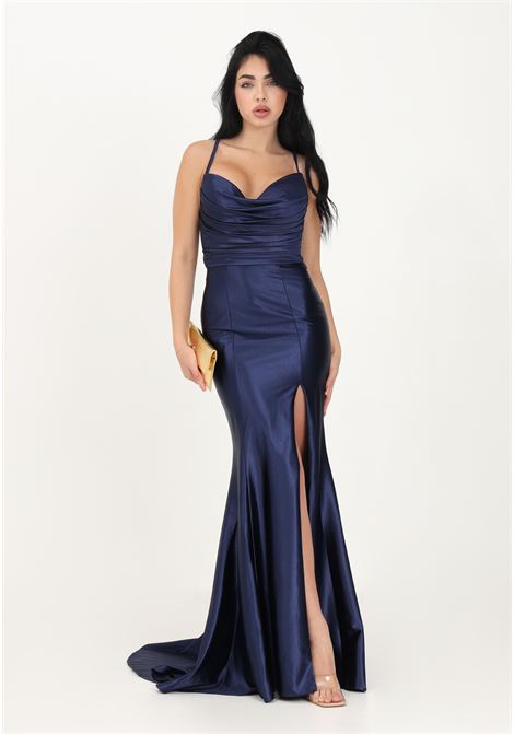 Long blue women's dress in shiny satin NICOLETTA | Dresses | NP180MIDNIGHT