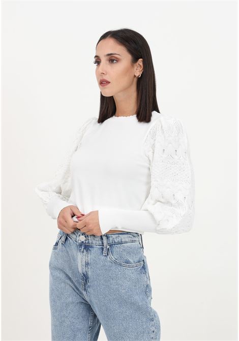 White shirt with decorated puff sleeves for women ONLY | Knitwear | 15235327CLOUD DANCER