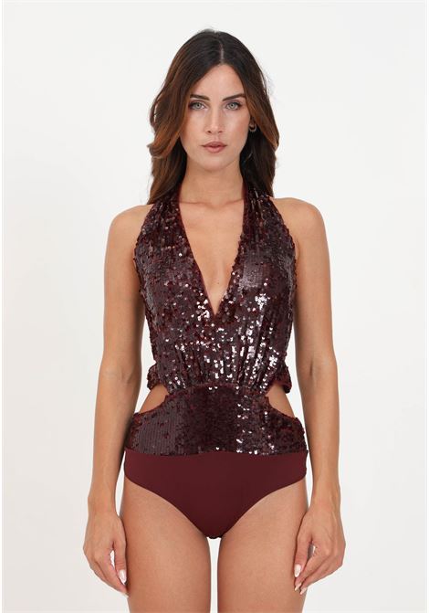 Burgundy women's bodysuit covered in sequins with V-neck. PATRIZIA PEPE | Body | 8C0645/A299R799