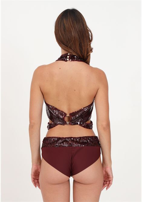 Burgundy women's bodysuit covered in sequins with V-neck. PATRIZIA PEPE | Body | 8C0645/A299R799