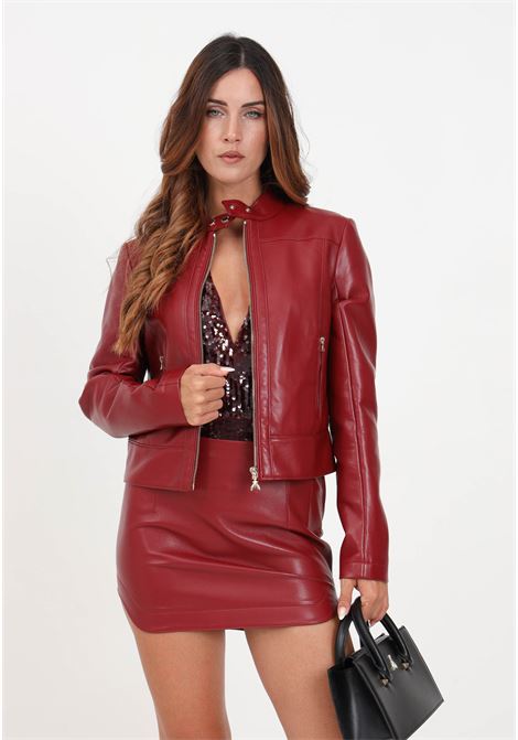 Shiny women's burgundy leather jacket with mandarin collar PATRIZIA PEPE | Jackets | 8O0076/E005R799