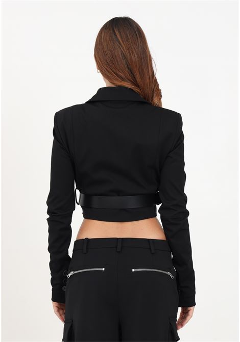 Black crop jacket for women with belt and logo buckle at the waist. PATRIZIA PEPE | Blazer | 8S0470/AU67K103