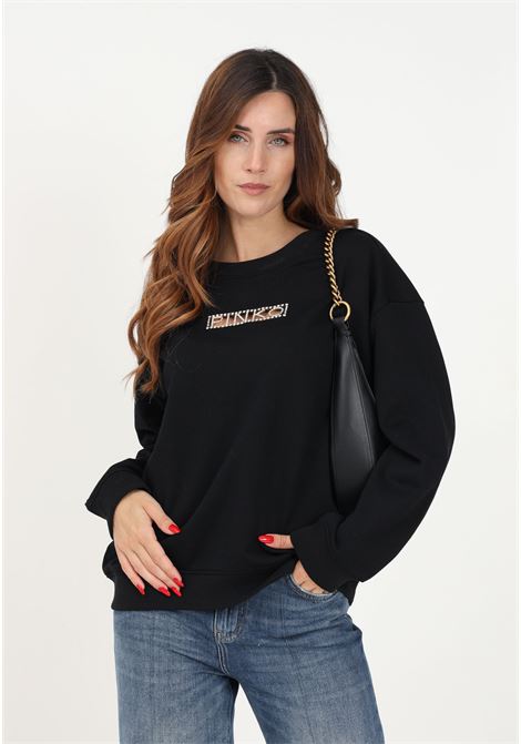 Women's black crewneck sweatshirt with logo embellished with rhinestones PINKO | 101607-A12IZ99