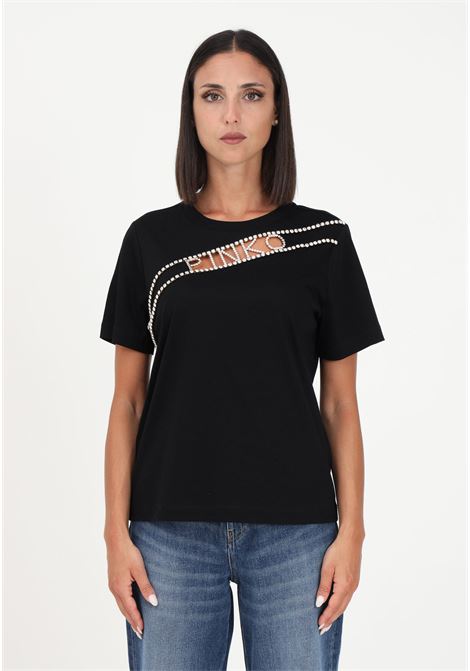T-shirt nera da donna con logo strass PINKO | T-shirt | 101610-A12HZ99