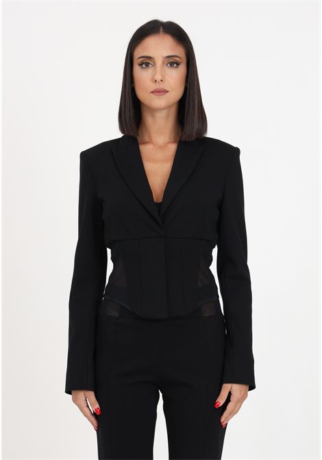 Black Grendizer single-breasted jacket for women with tulle inserts and bustier closure PINKO | Blazer | 101717-A13EZ99