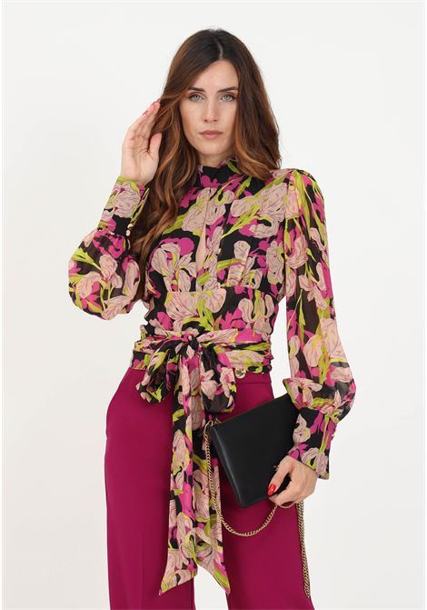 Short black blouse for women with iris floral pattern PINKO | Blouse | 101765-A155ZY5