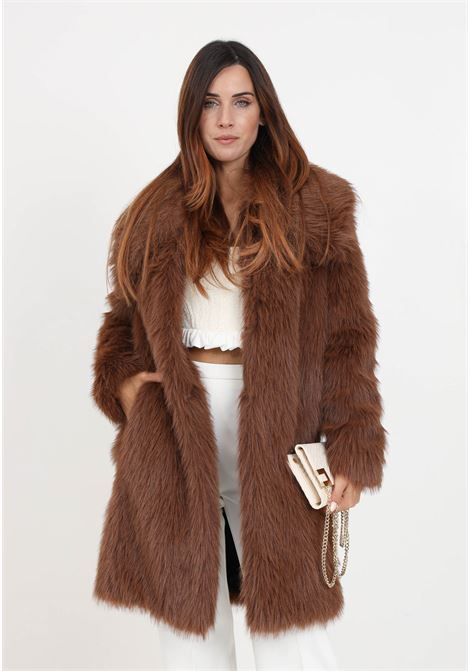 Earth brown women's Caban coat with fur effect PINKO | Fur coats | 102001-A18DL78