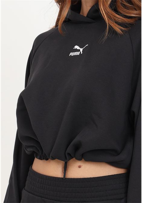 Black crop sweatshirt with hood and logo for women PUMA | 62146801