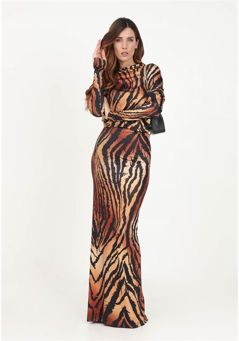 Long brown dress for women with animalier pattern SHIT | Dress | SH2324048BROWN TIGER