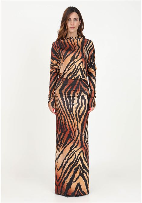 Long brown dress for women with animalier pattern SHIT | Dress | SH2324048BROWN TIGER