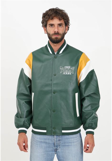 Men's green leather jacket with color block motif TOMMY JEANS | Jacket | DM0DM16627L2ML2M