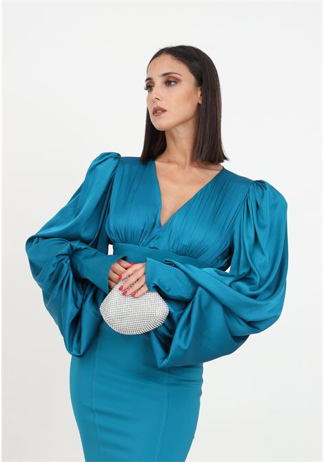 Teal green bustier shirt with balloon sleeves for women VALERIA MAZZA | Shirt | 318 CAMICIA BUSTIER128