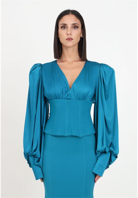 Teal green bustier shirt with balloon sleeves for women VALERIA MAZZA | Shirt | 318 CAMICIA BUSTIER128