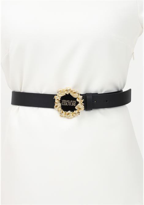 Cintura nera da donna con fibbia abbelita da logo e motivo Baroque VERSACE JEANS COUTURE | Cinture | 74VA6F3071627899