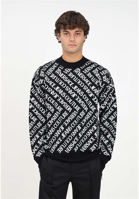 Black sweater with all-over logo for men VERSACE JEANS COUTURE | Knitwear | 75GAFM11CM29NA0E
