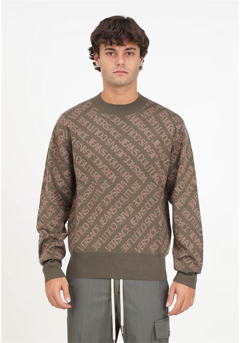Mud-colored sweater with all-over logo pattern for men VERSACE JEANS COUTURE | Knitwear | 75GAFM11CM29NQF2
